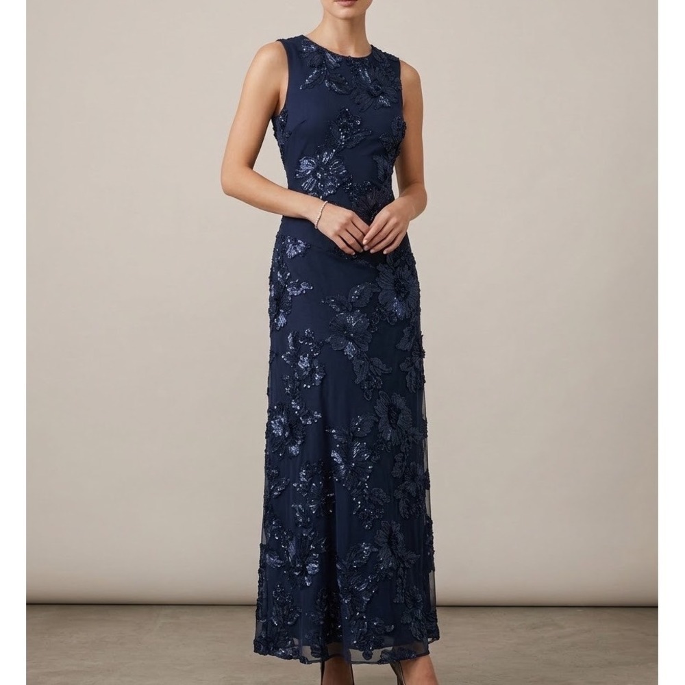 Petal & Pup Navy Blue Floral Embroidered Sleeveless Maxi Evening Gown US XS